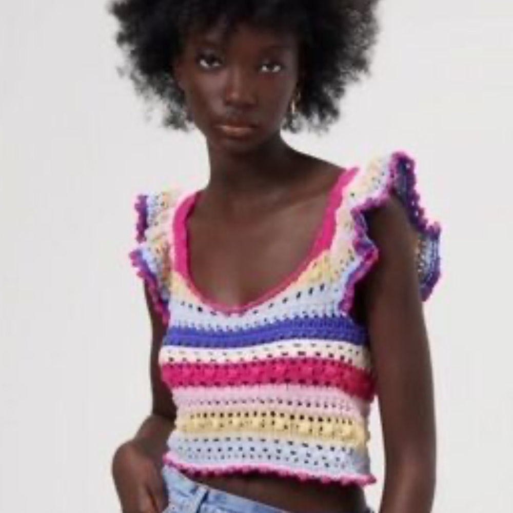 Zara Crochet Colorful Ruffle Sleeve Cropped Top Size M